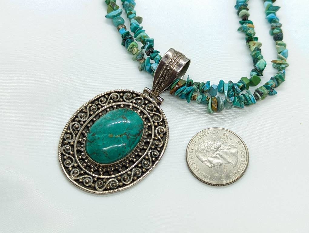 Vintage Sterling Silver Natural Turquoise Necklace. Raw two strand polished turquoise necklace.  st(21/56)