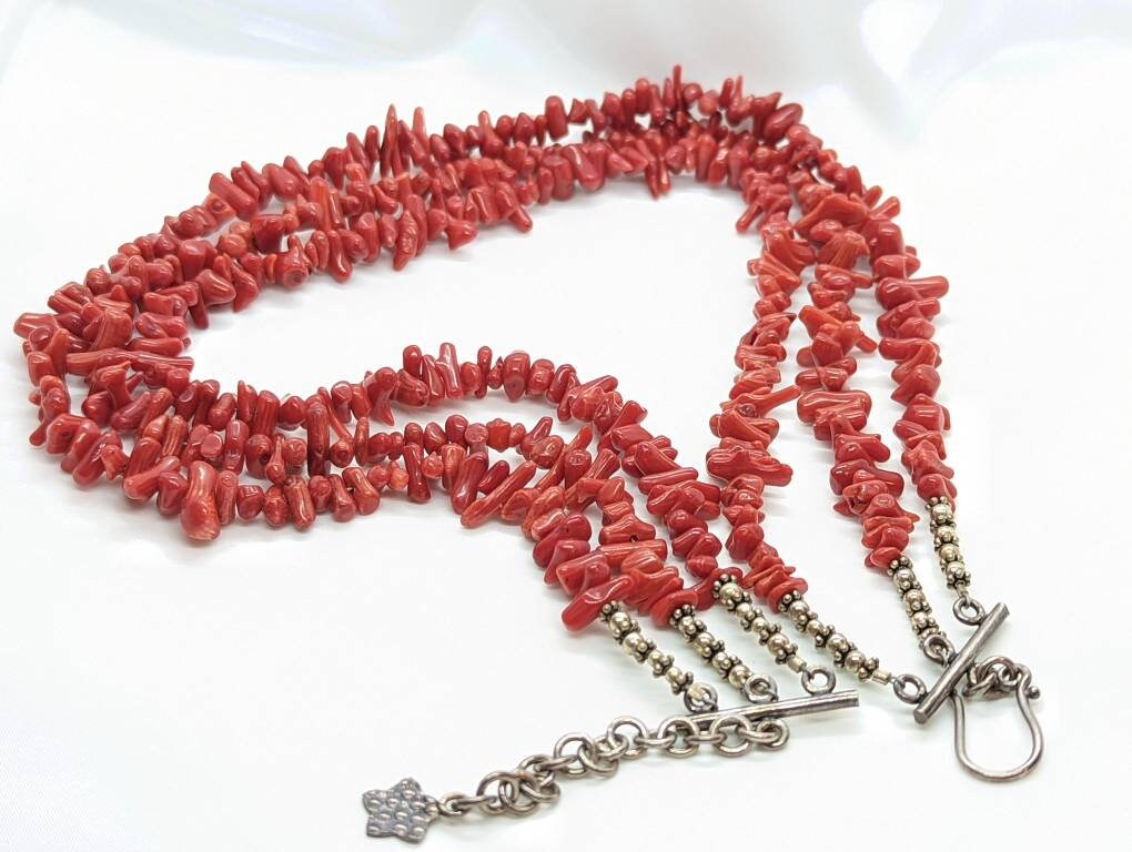Coral Bead Necklace. Sterling Silver Three Strand RED Raw Coral beads. st(21/56)