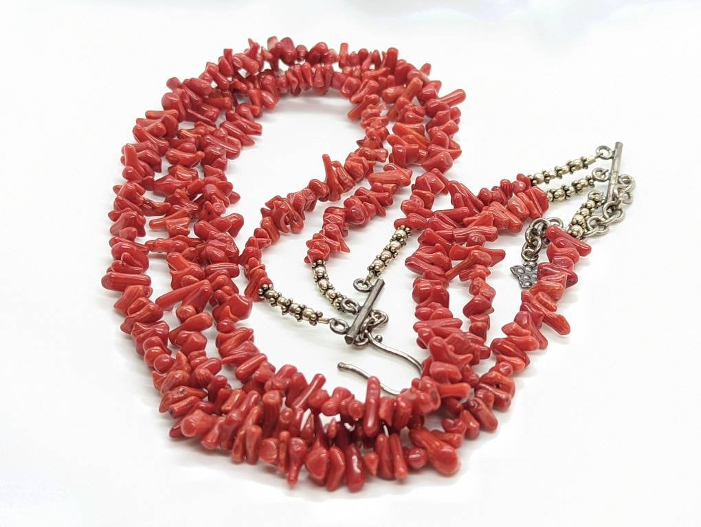 Coral Bead Necklace. Sterling Silver Three Strand RED Raw Coral beads. st(21/56)