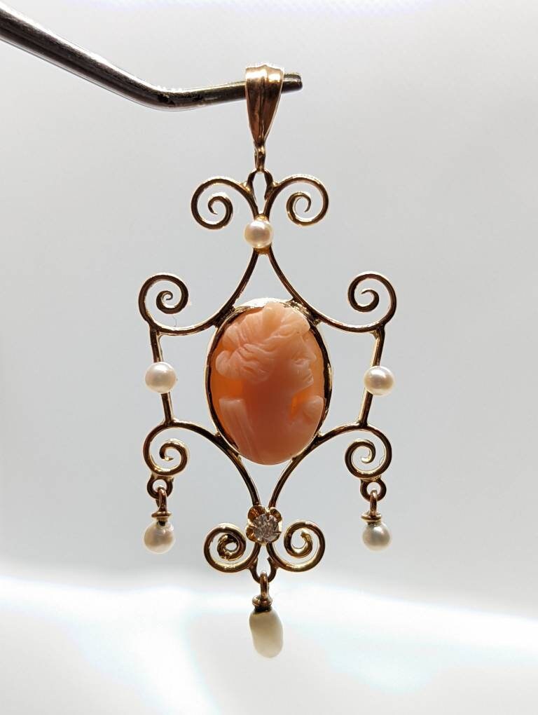 Antique Diamond Coral cameo pendant lavaliere. 10k Gold diamond buttercup Carved coral cameo pearl pendant for necklace.