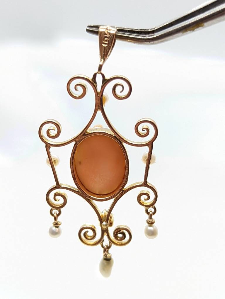 Antique Diamond Coral cameo pendant lavaliere. 10k Gold diamond buttercup Carved coral cameo pearl pendant for necklace.