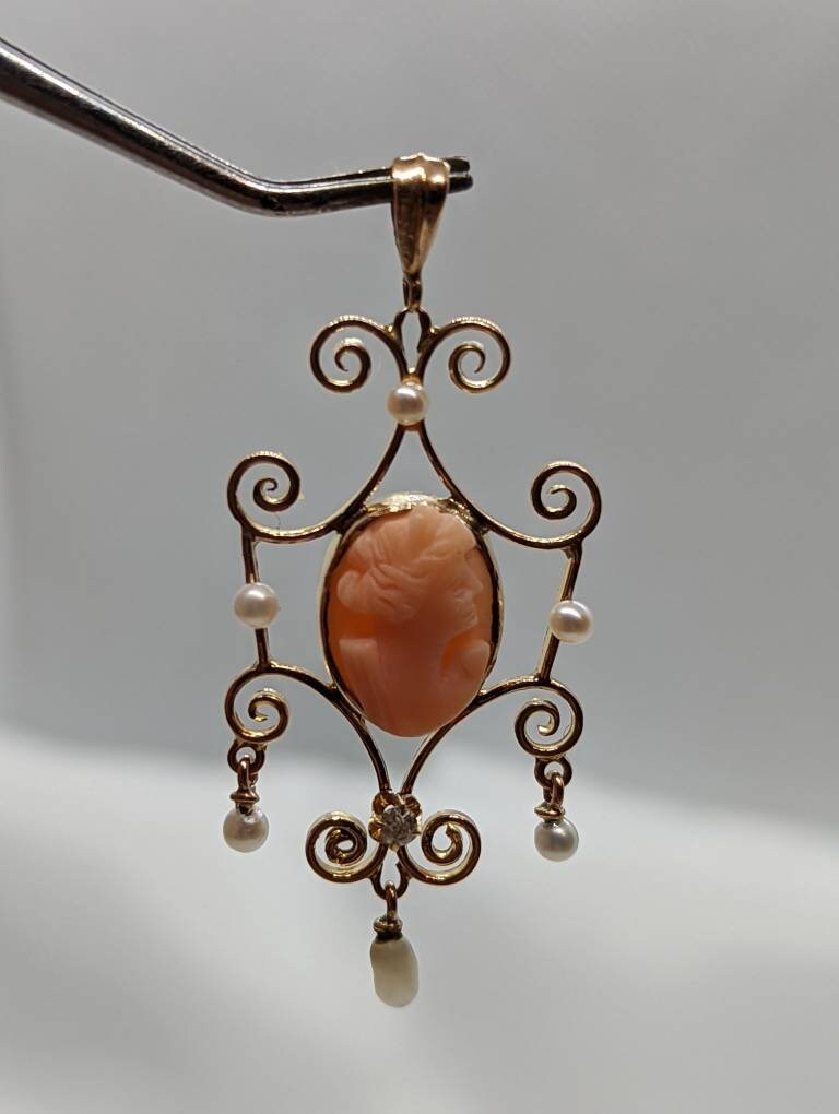 Antique Diamond Coral cameo pendant lavaliere. 10k Gold diamond buttercup Carved coral cameo pearl pendant for necklace.