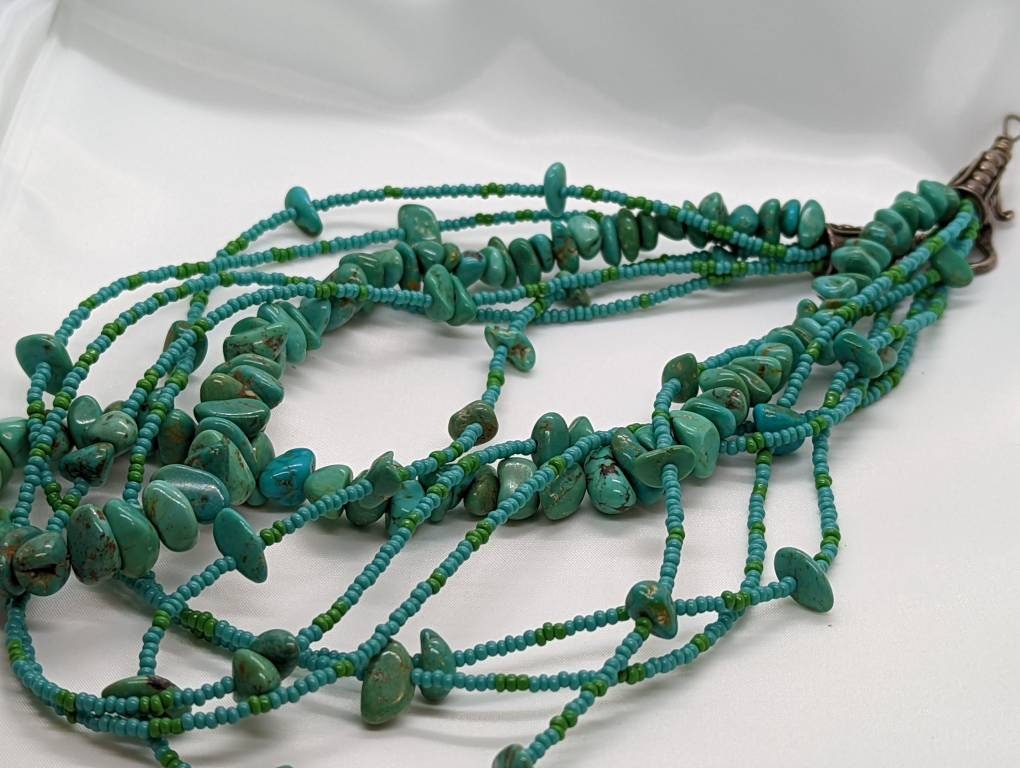 Polished Turquoise Necklace. Multi-strand Liquid polished turquoise Bulky bead necklace.Sterling Silver (st8/15)