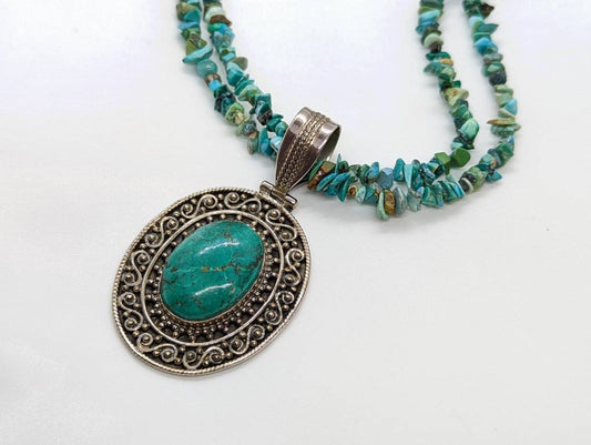 Vintage Sterling Silver Natural Turquoise Necklace. Raw two strand polished turquoise necklace.  st(21/56)