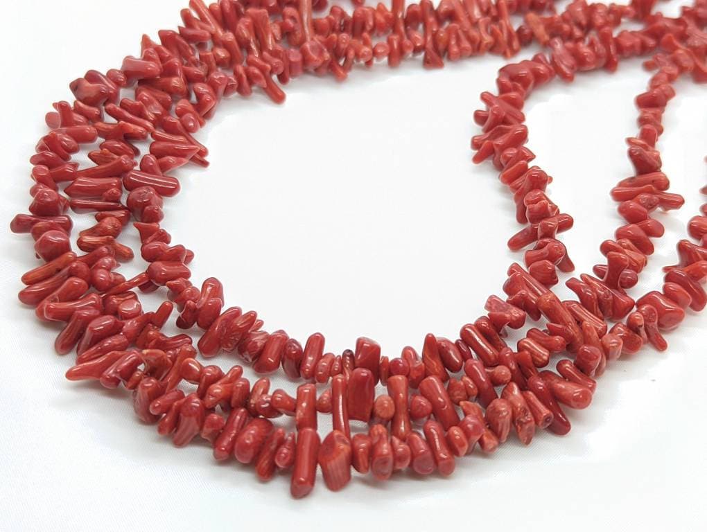 Coral Bead Necklace. Sterling Silver Three Strand RED Raw Coral beads. st(21/56)