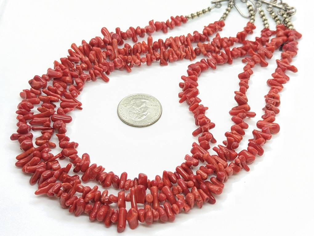 Coral Bead Necklace. Sterling Silver Three Strand RED Raw Coral beads. st(21/56)