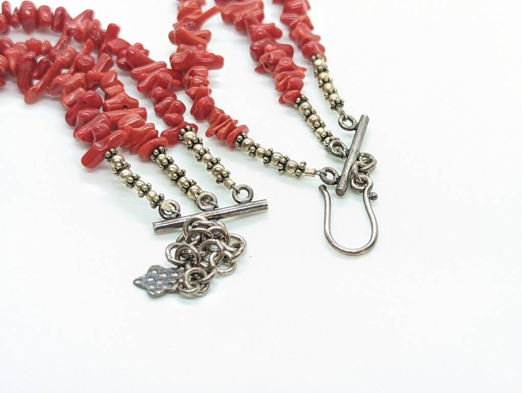Coral Bead Necklace. Sterling Silver Three Strand RED Raw Coral beads. st(21/56)