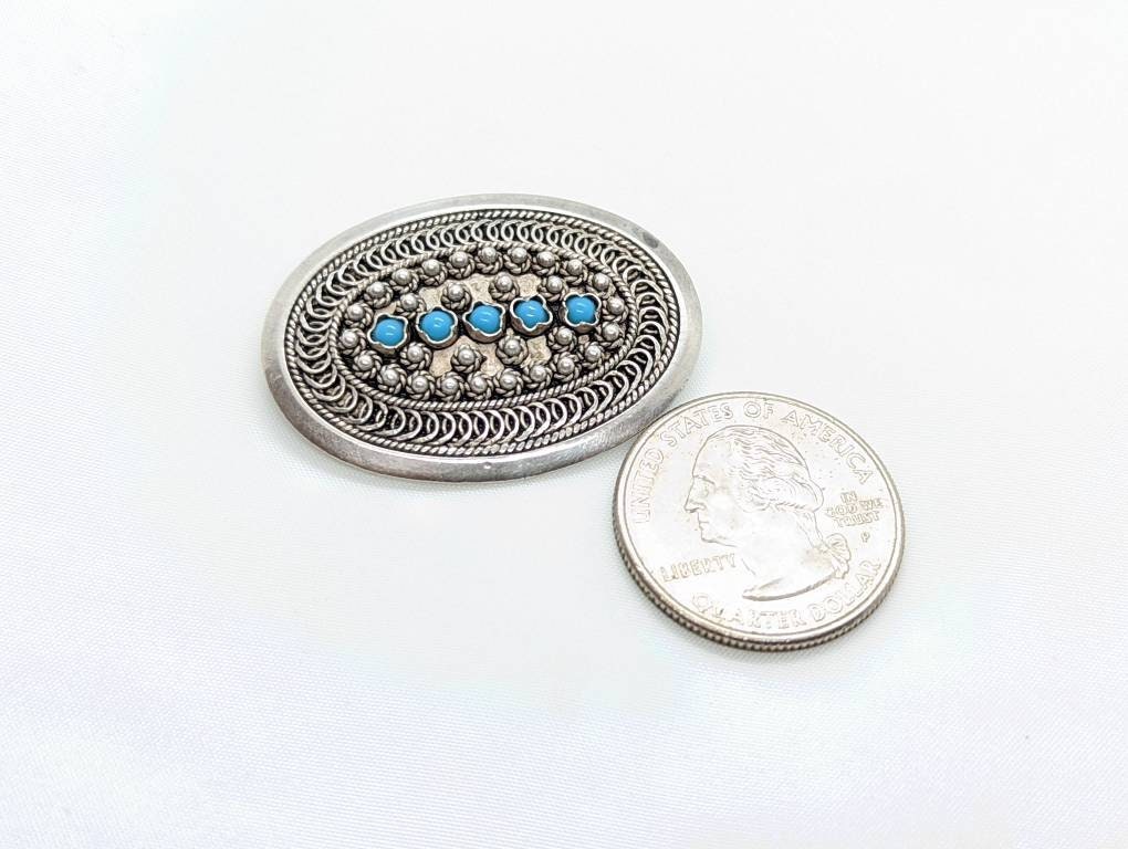 Vintage Sterling Silver Natural Turquoise brooch. Coil Handmade design. st(21/56)
