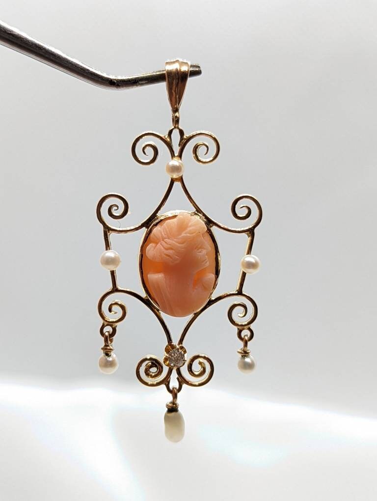 Antique Diamond Coral cameo pendant lavaliere. 10k Gold diamond buttercup Carved coral cameo pearl pendant for necklace.
