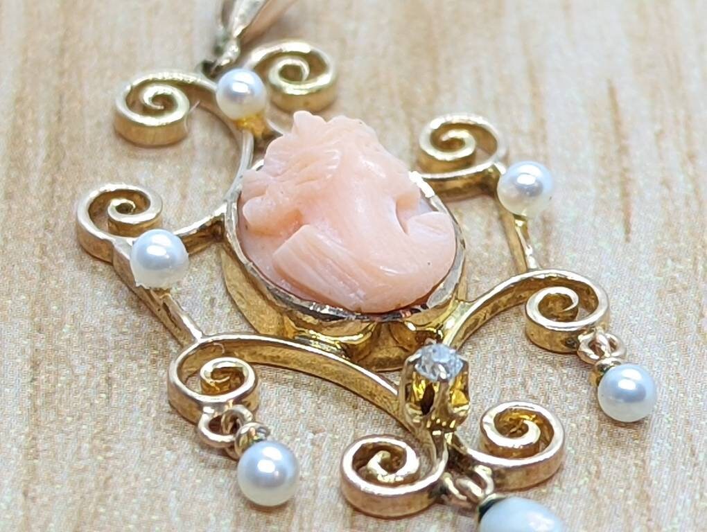 Antique Diamond Coral cameo pendant lavaliere. 10k Gold diamond buttercup Carved coral cameo pearl pendant for necklace.