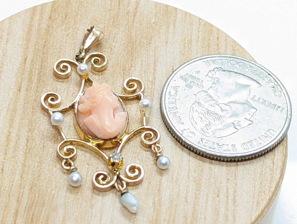 Antique Diamond Coral cameo pendant lavaliere. 10k Gold diamond buttercup Carved coral cameo pearl pendant for necklace.