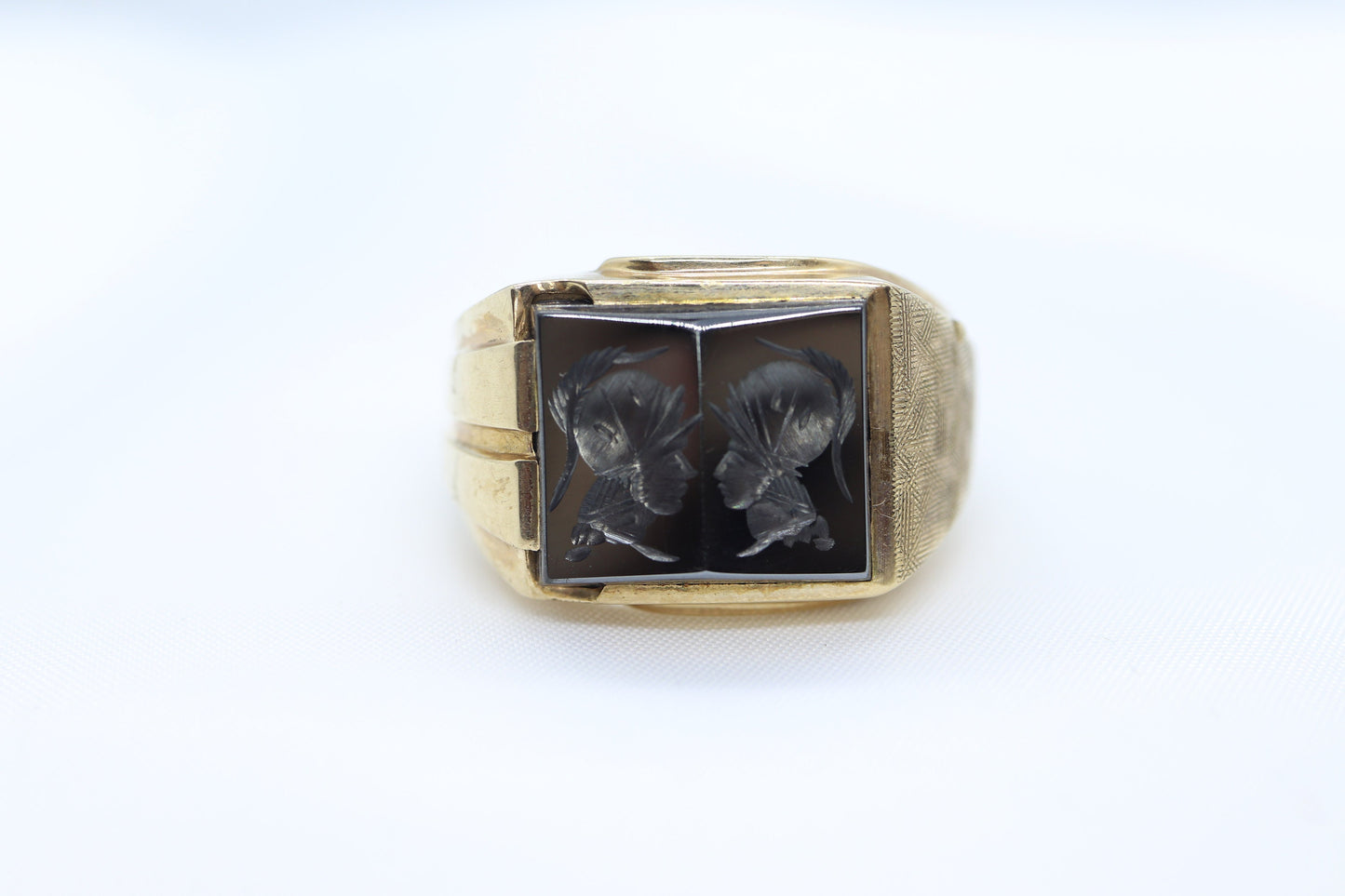 10k Hematite Intaglio Roman Greek soldier, Centurion Mirror Double Signet Ring. 10k gold Heavy Carved Warrior Gents or Mens ring.st161