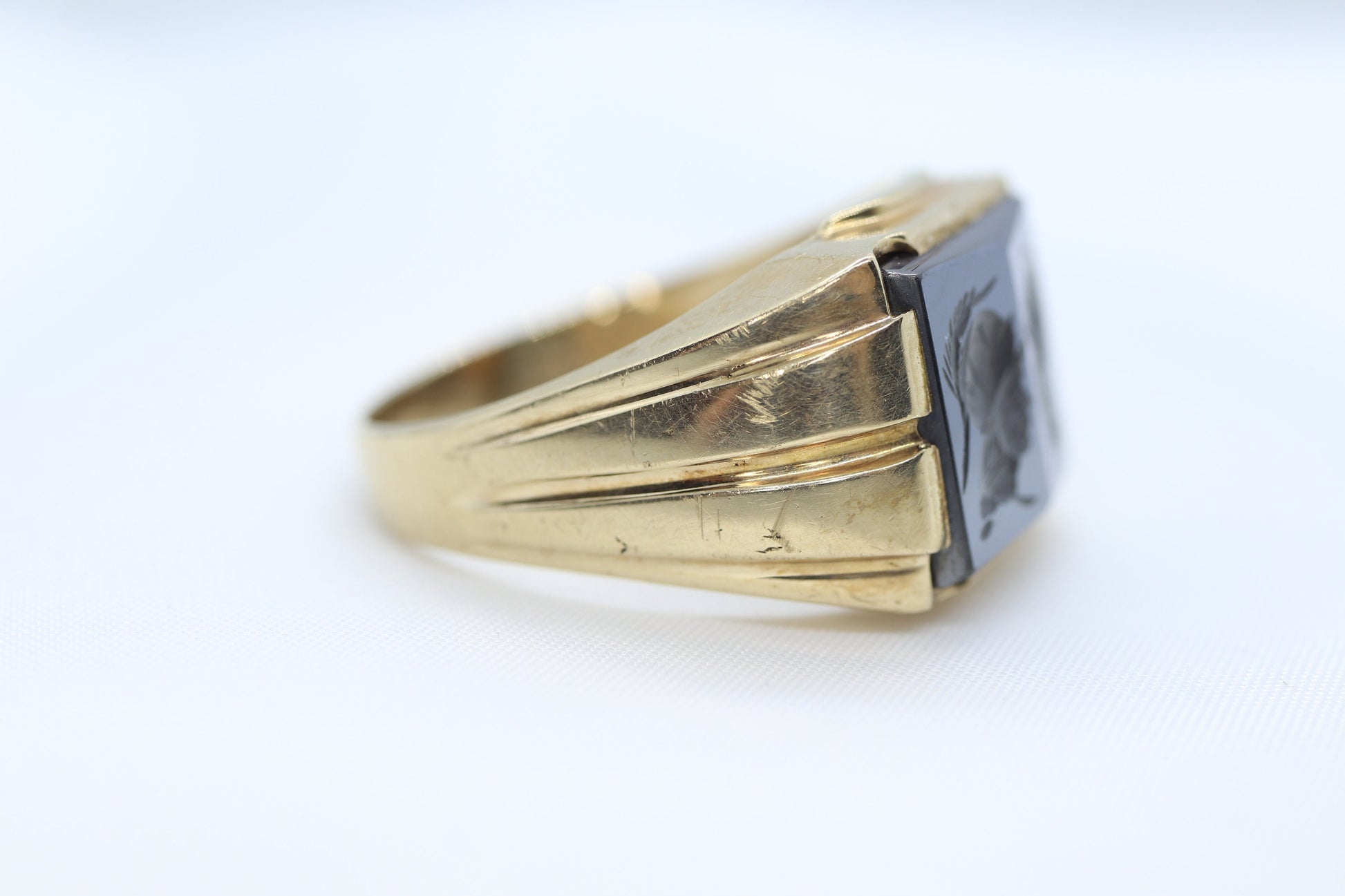 10k Hematite Intaglio Roman Greek soldier, Centurion Mirror Double Signet Ring. 10k gold Heavy Carved Warrior Gents or Mens ring.st161