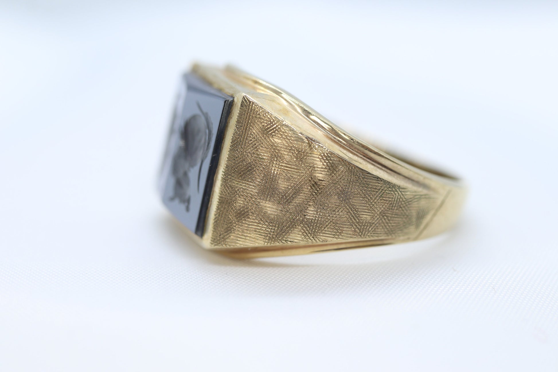 10k Hematite Intaglio Roman Greek soldier, Centurion Mirror Double Signet Ring. 10k gold Heavy Carved Warrior Gents or Mens ring.st161