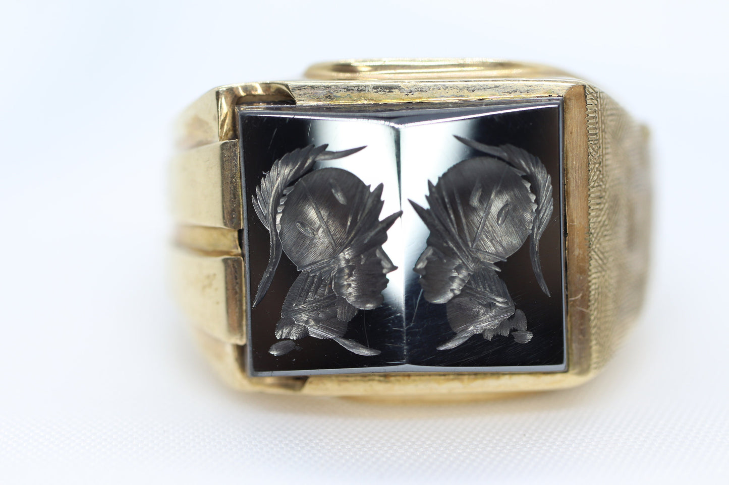 10k Hematite Intaglio Roman Greek soldier, Centurion Mirror Double Signet Ring. 10k gold Heavy Carved Warrior Gents or Mens ring.st161