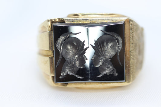 10k Hematite Intaglio Roman Greek soldier, Centurion Mirror Double Signet Ring. 10k gold Heavy Carved Warrior Gents or Mens ring.st161