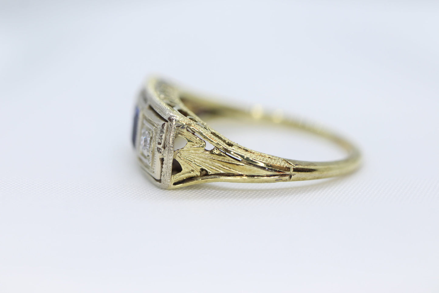 Antique trilogy ring. 14k three diamond and sapphire shield ring. 14k Art Deco trio triple diamond princess sapphire signet ring. st(161)
