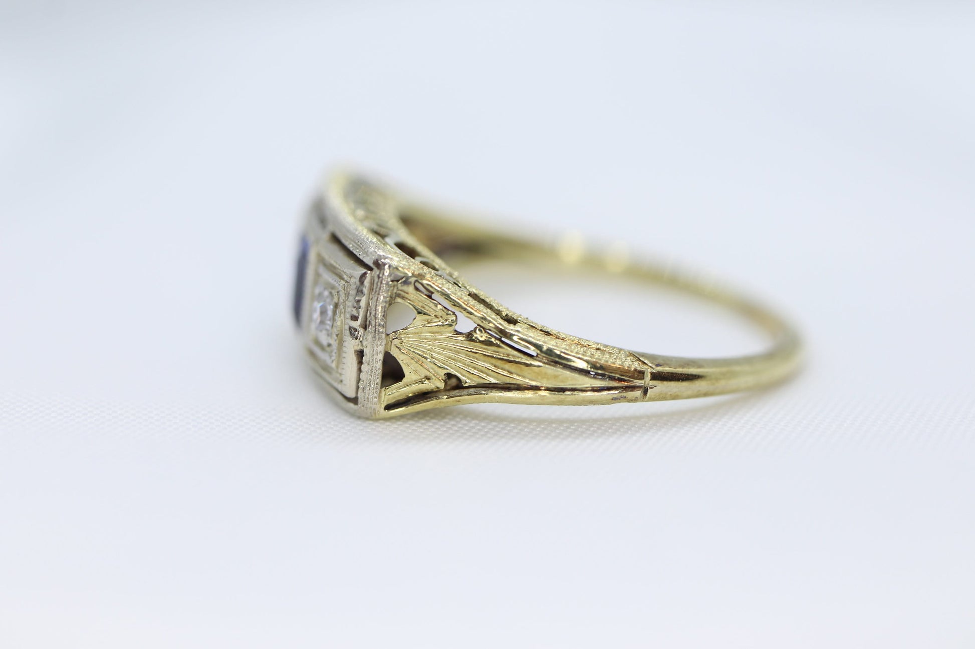 Antique trilogy ring. 14k three diamond and sapphire shield ring. 14k Art Deco trio triple diamond princess sapphire signet ring. st(161)