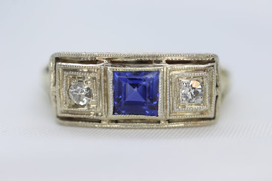 Antique trilogy ring. 14k three diamond and sapphire shield ring. 14k Art Deco trio triple diamond princess sapphire signet ring. st(161)