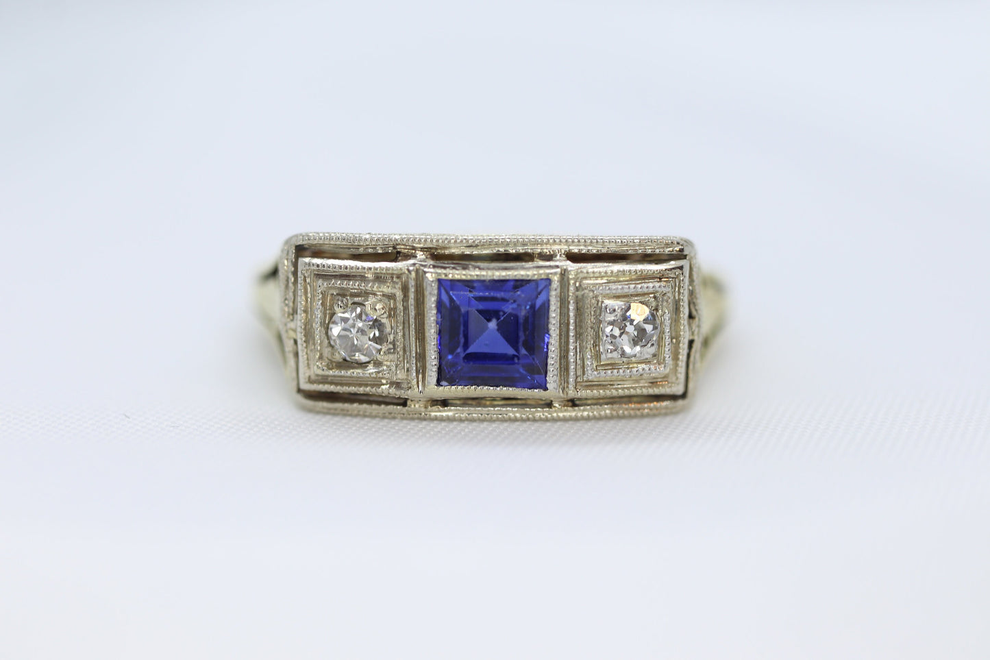 Antique trilogy ring. 14k three diamond and sapphire shield ring. 14k Art Deco trio triple diamond princess sapphire signet ring. st(161)