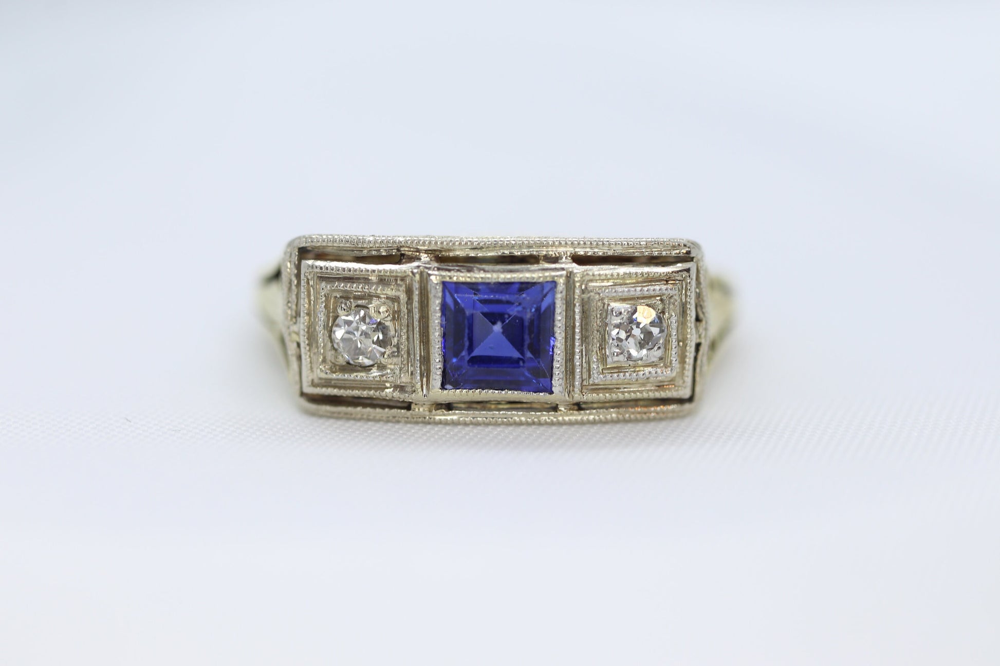 Antique trilogy ring. 14k three diamond and sapphire shield ring. 14k Art Deco trio triple diamond princess sapphire signet ring. st(161)