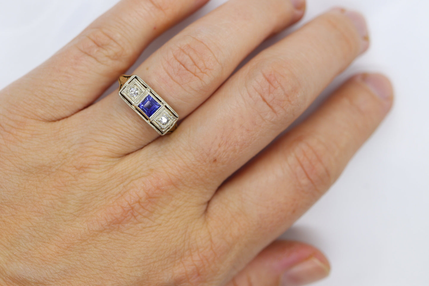 Antique trilogy ring. 14k three diamond and sapphire shield ring. 14k Art Deco trio triple diamond princess sapphire signet ring. st(161)