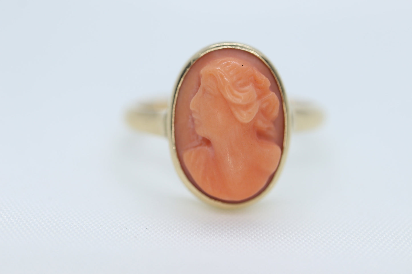 Antique Coral cameo bezel ring. 10k Gold Carved coral cameo dainty oval signet pinky pinkie ring. st(173)