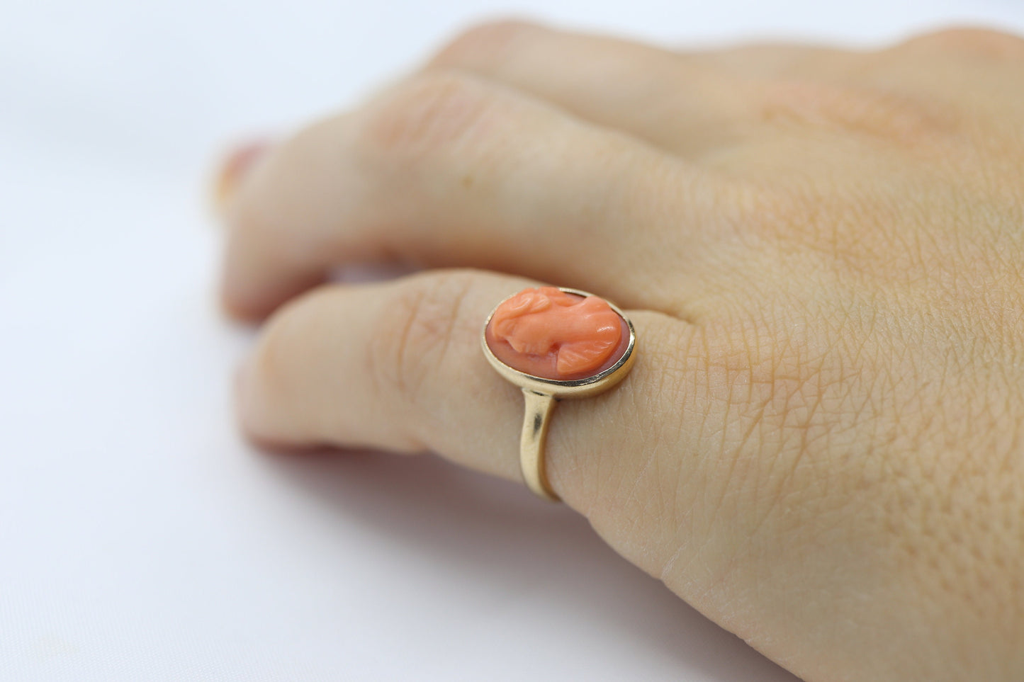 Antique Coral cameo bezel ring. 10k Gold Carved coral cameo dainty oval signet pinky pinkie ring. st(173)