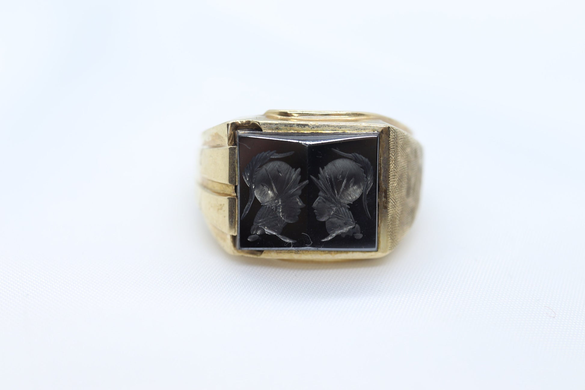 10k Hematite Intaglio Roman Greek soldier, Centurion Mirror Double Signet Ring. 10k gold Heavy Carved Warrior Gents or Mens ring.st161