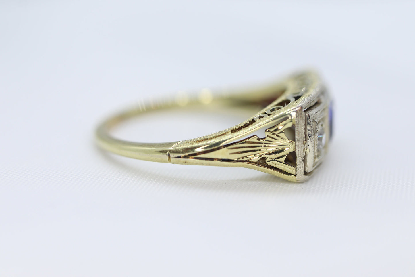 Antique trilogy ring. 14k three diamond and sapphire shield ring. 14k Art Deco trio triple diamond princess sapphire signet ring. st(161)