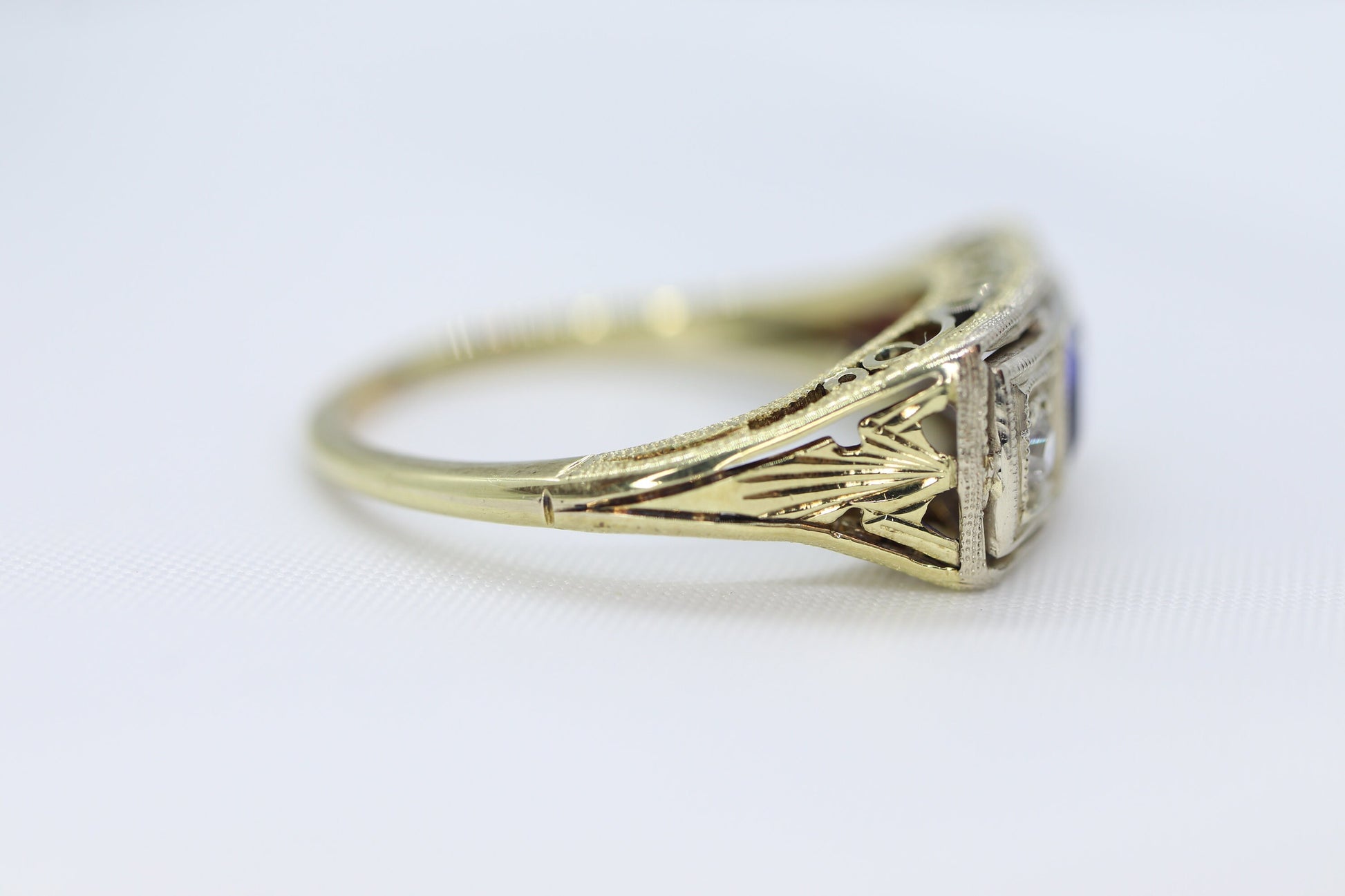 Antique trilogy ring. 14k three diamond and sapphire shield ring. 14k Art Deco trio triple diamond princess sapphire signet ring. st(161)