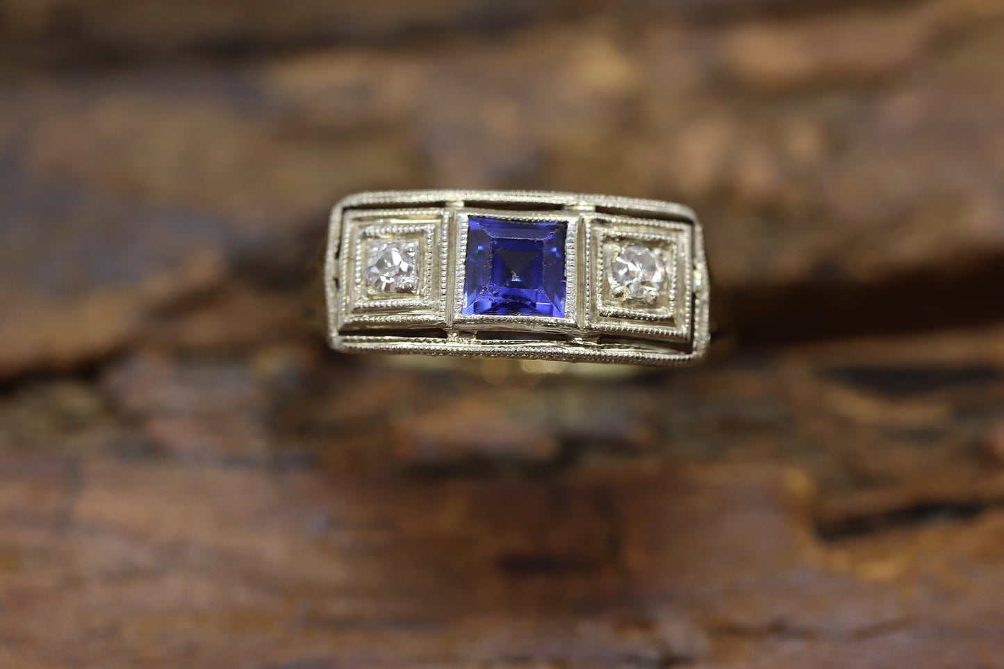 Antique trilogy ring. 14k three diamond and sapphire shield ring. 14k Art Deco trio triple diamond princess sapphire signet ring. st(161)