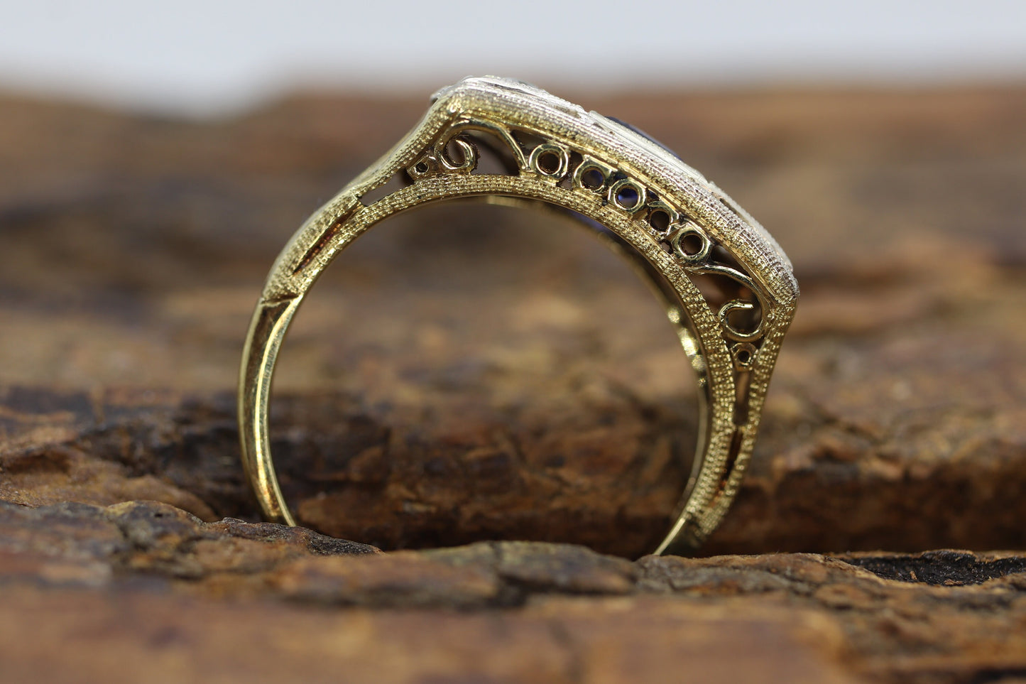 Antique trilogy ring. 14k three diamond and sapphire shield ring. 14k Art Deco trio triple diamond princess sapphire signet ring. st(161)