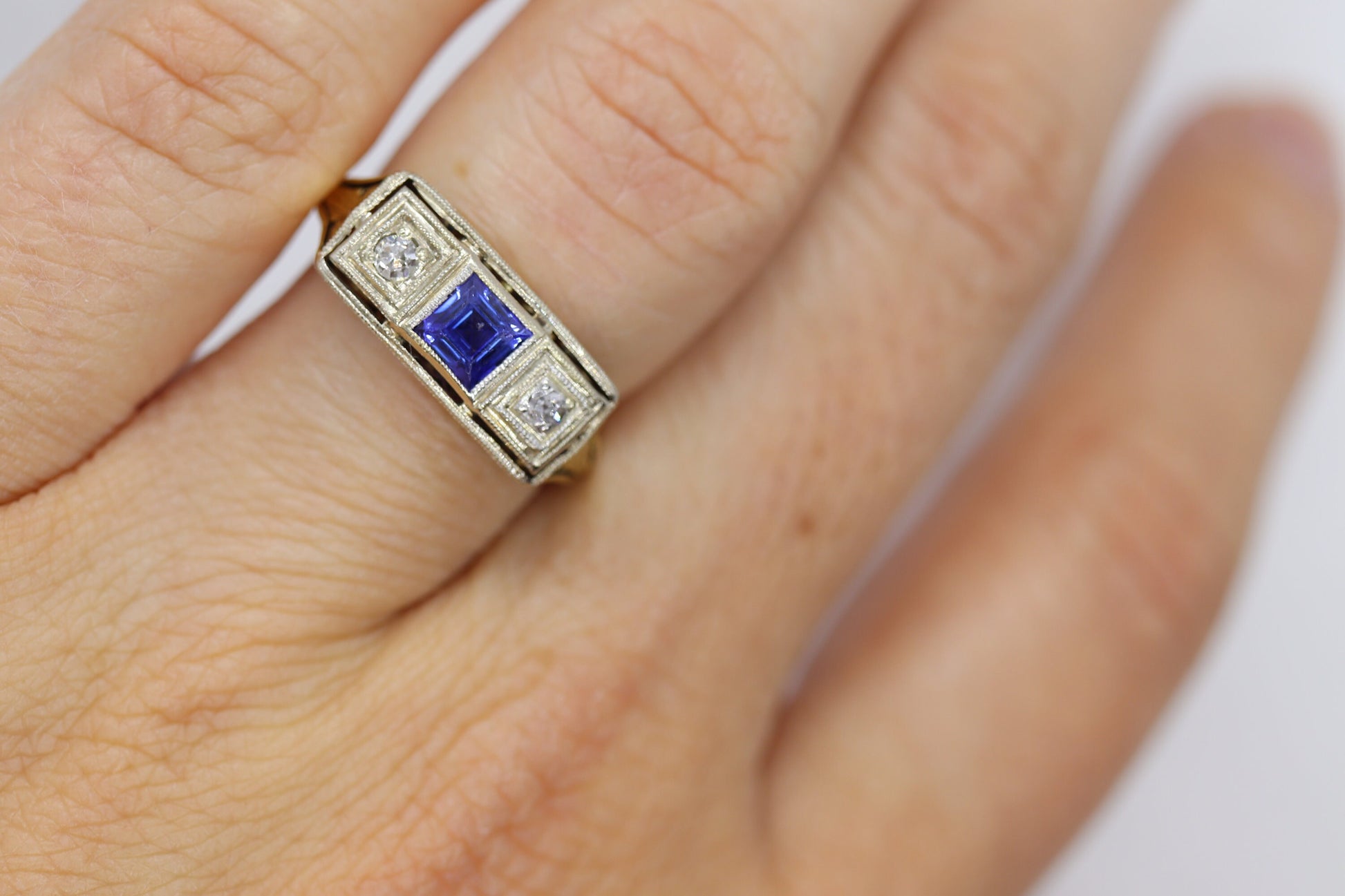 Antique trilogy ring. 14k three diamond and sapphire shield ring. 14k Art Deco trio triple diamond princess sapphire signet ring. st(161)