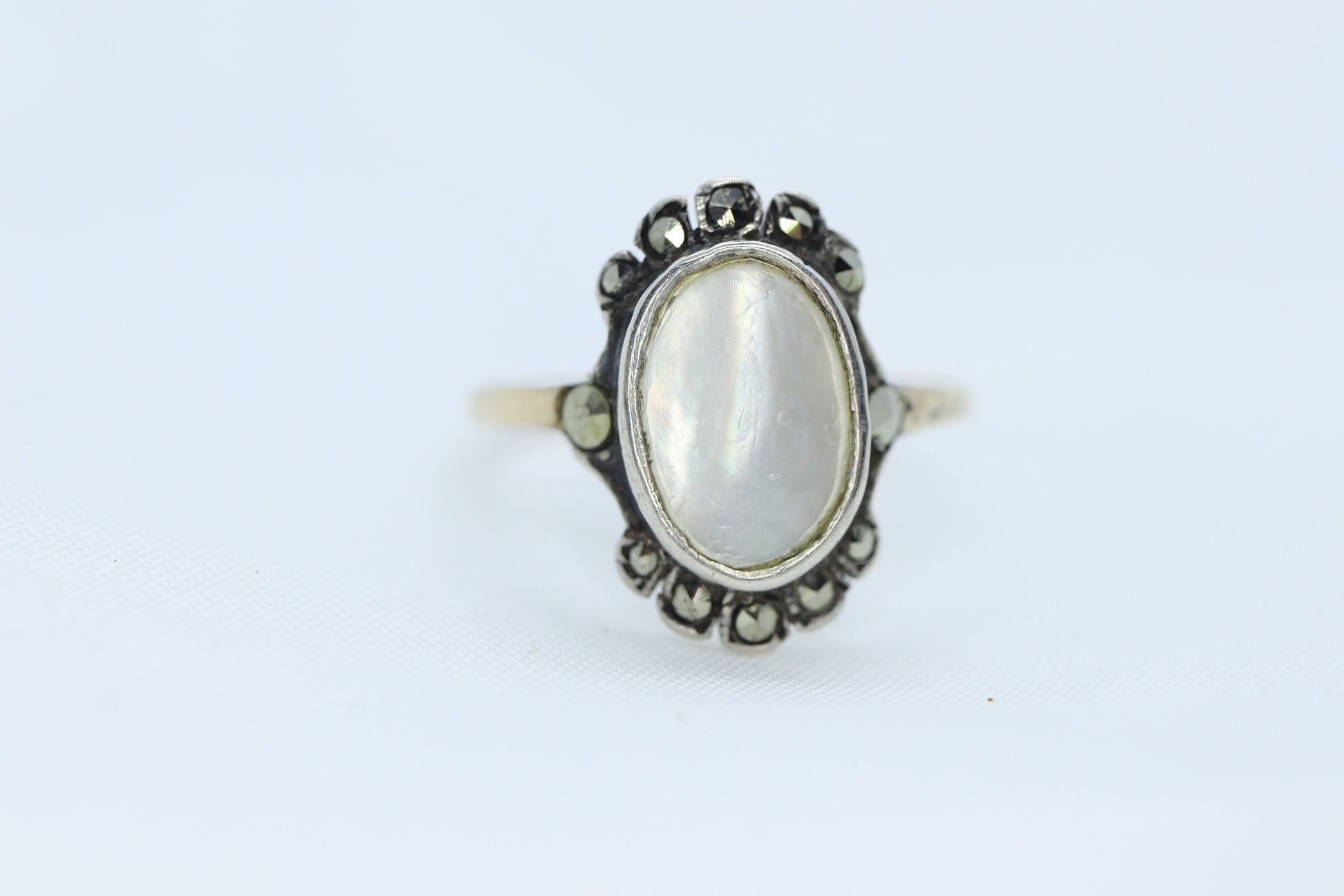 Victorian MOP Set ring. Antique 8k Gold and Sterling Silver with Mother of Pearl and Marcasite Halo ring. st(93)