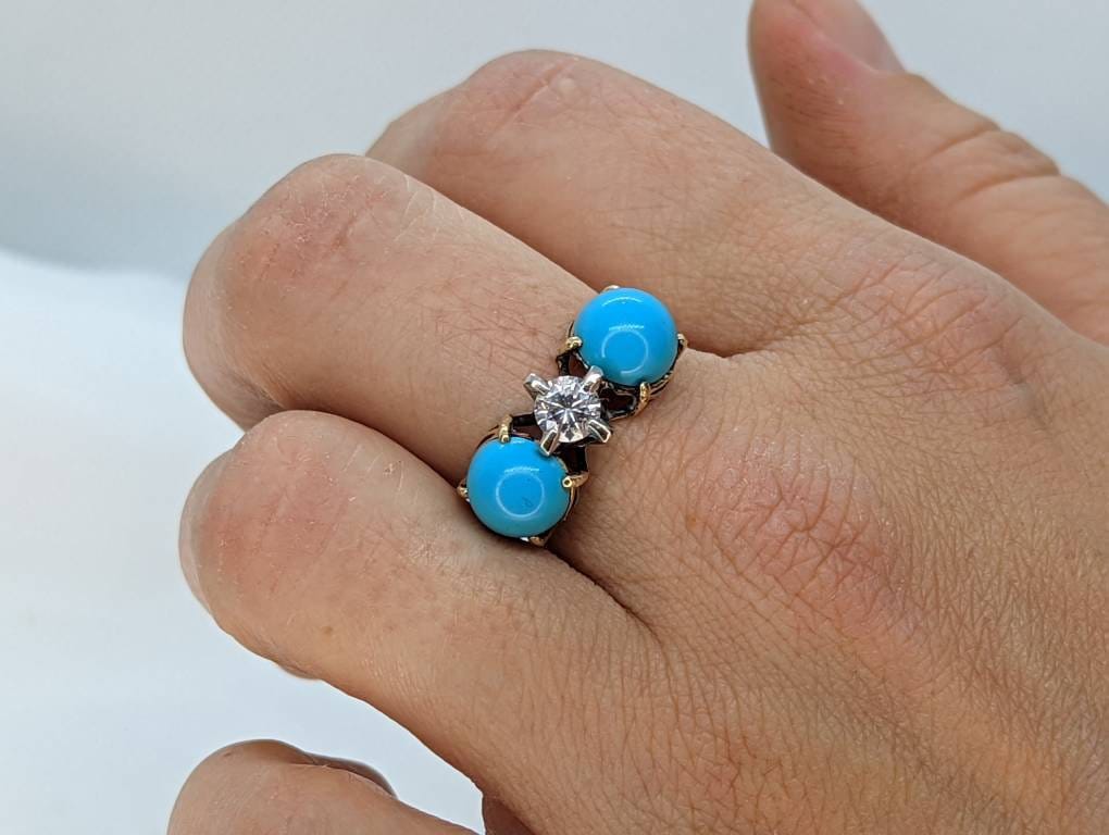 10k Large Turquoise Cabochon and 1/2ct Diamond Ring. 14k Trio Triology Three Gems Ring (101)