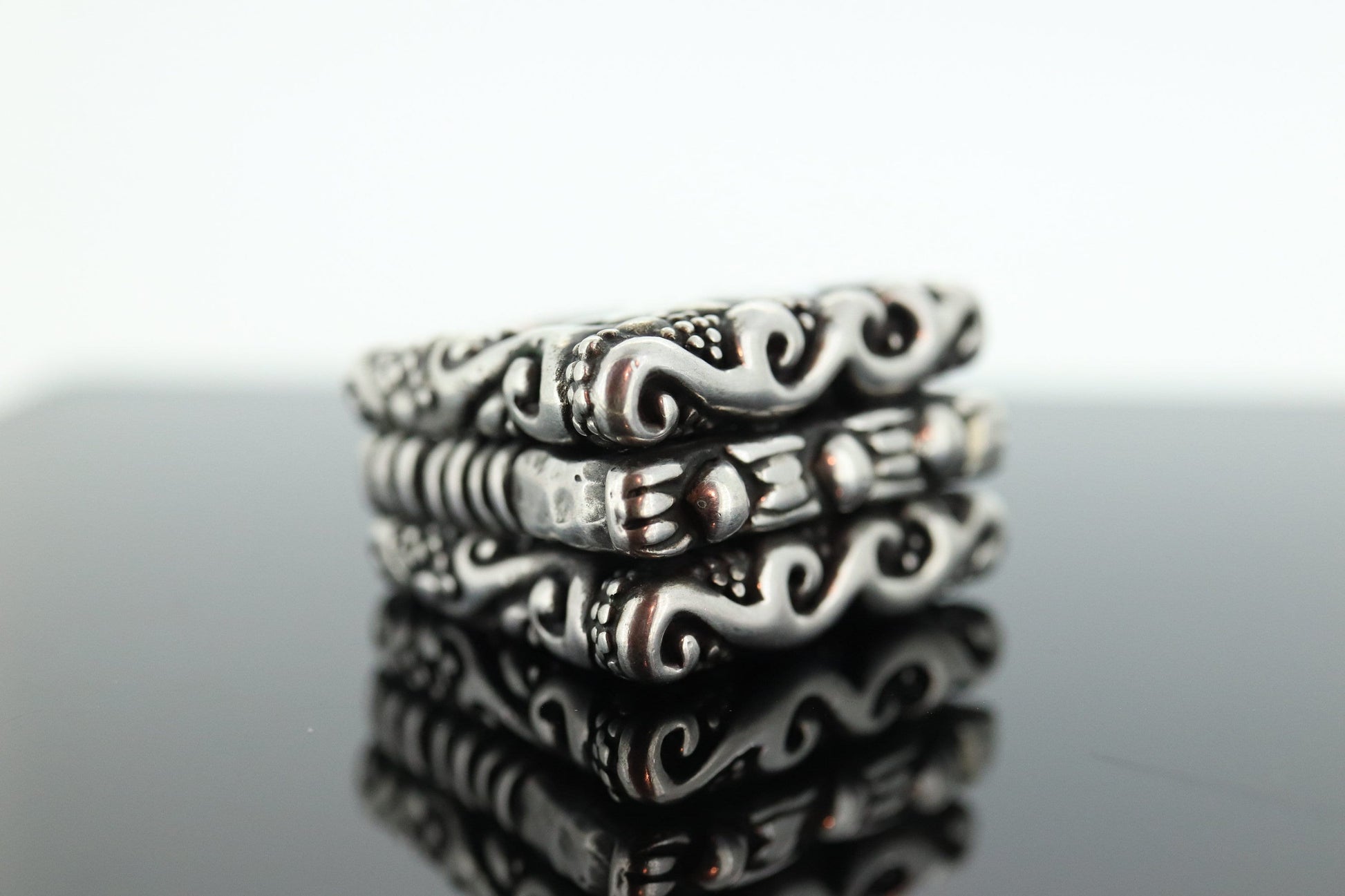 Dian Malouf RING. Triple Three Stacked Rings. Heavy sterling Silver and 14k Signet Rings DLM Collection (st114)