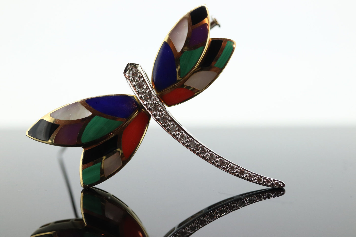Asch Grossbardt 18K Yellow Gold DIAMONDs Inlaid Gemstone DragonFly BROOCH Pendant. Asch Grossbardt Jewelry st(11-21)