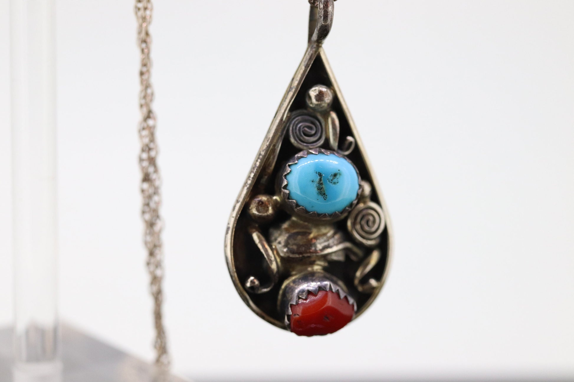 Vintage Sterling Silver Natural Turquoise and Spiny Oyster Navajo Necklace st(21)