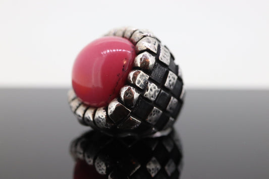 Dian Malouf RING. Pink Rhodochrosite Cabochon Heavy sterling Silver Signet Ring DLM Collection (st207/40)