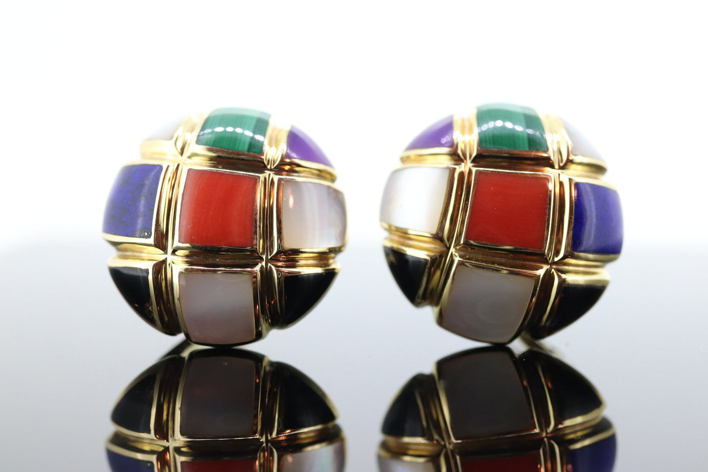 Asch Grossbardt 14K Yellow Gold Inlaid Gemstone Checkerboard Earrings Mother of Pearl Lapis Coral Onyx Malachite NON Pierced Ears st(620)