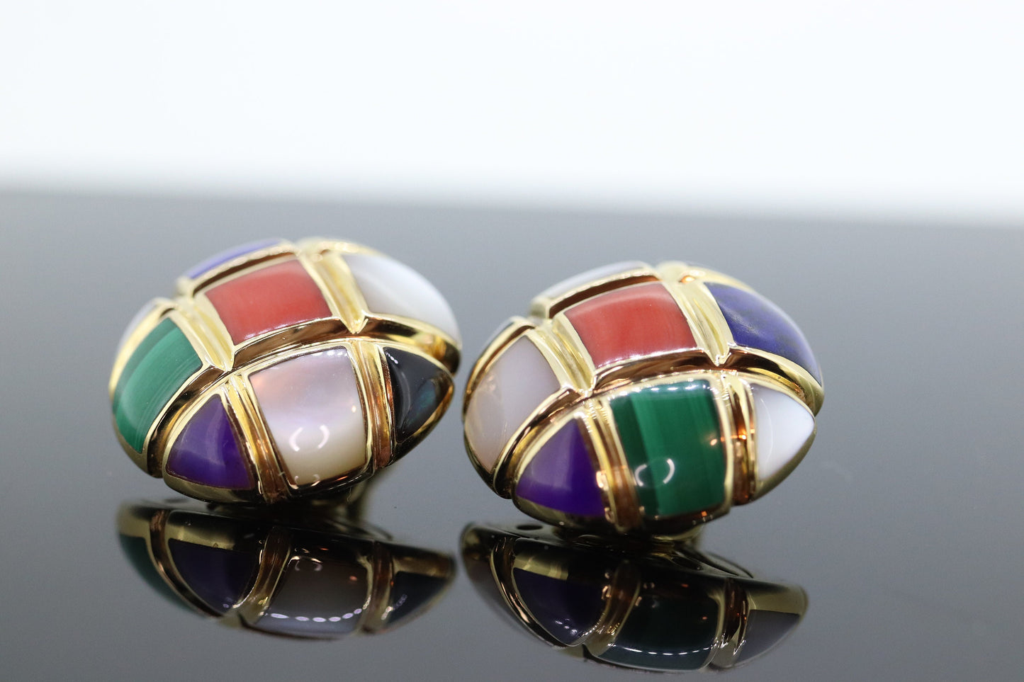 Asch Grossbardt 14K Yellow Gold Inlaid Gemstone Checkerboard Earrings Mother of Pearl Lapis Coral Onyx Malachite NON Pierced Ears st(620)