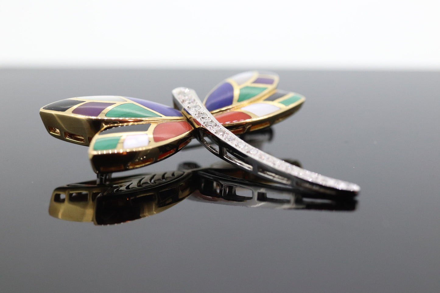 Asch Grossbardt 18K Yellow Gold DIAMONDs Inlaid Gemstone DragonFly BROOCH Pendant. Asch Grossbardt Jewelry st(11-21)