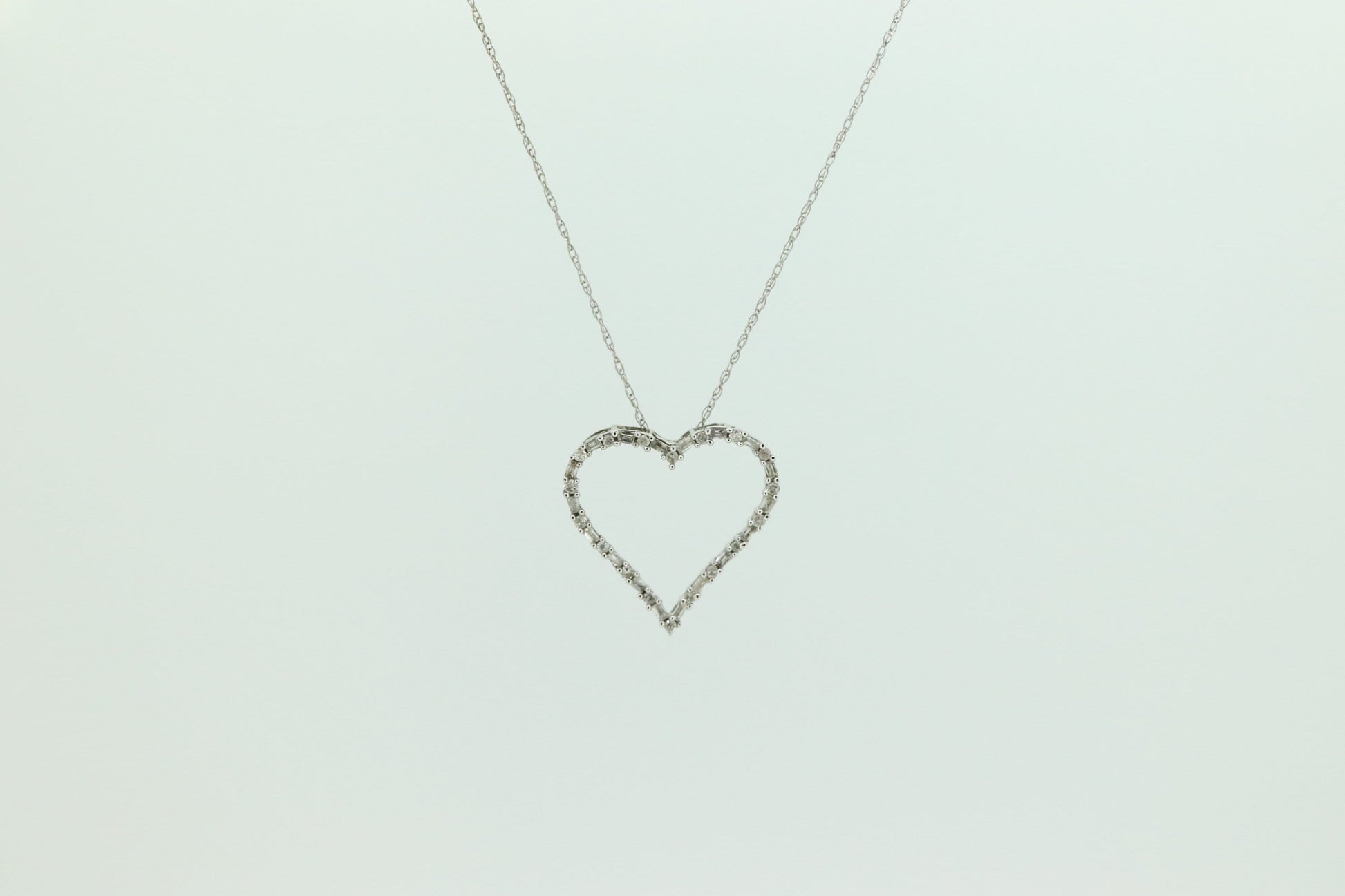 10k Open Heart Diamond Necklace. Open Heart Necklace. Round Baguette Diamond outline. st(68)
