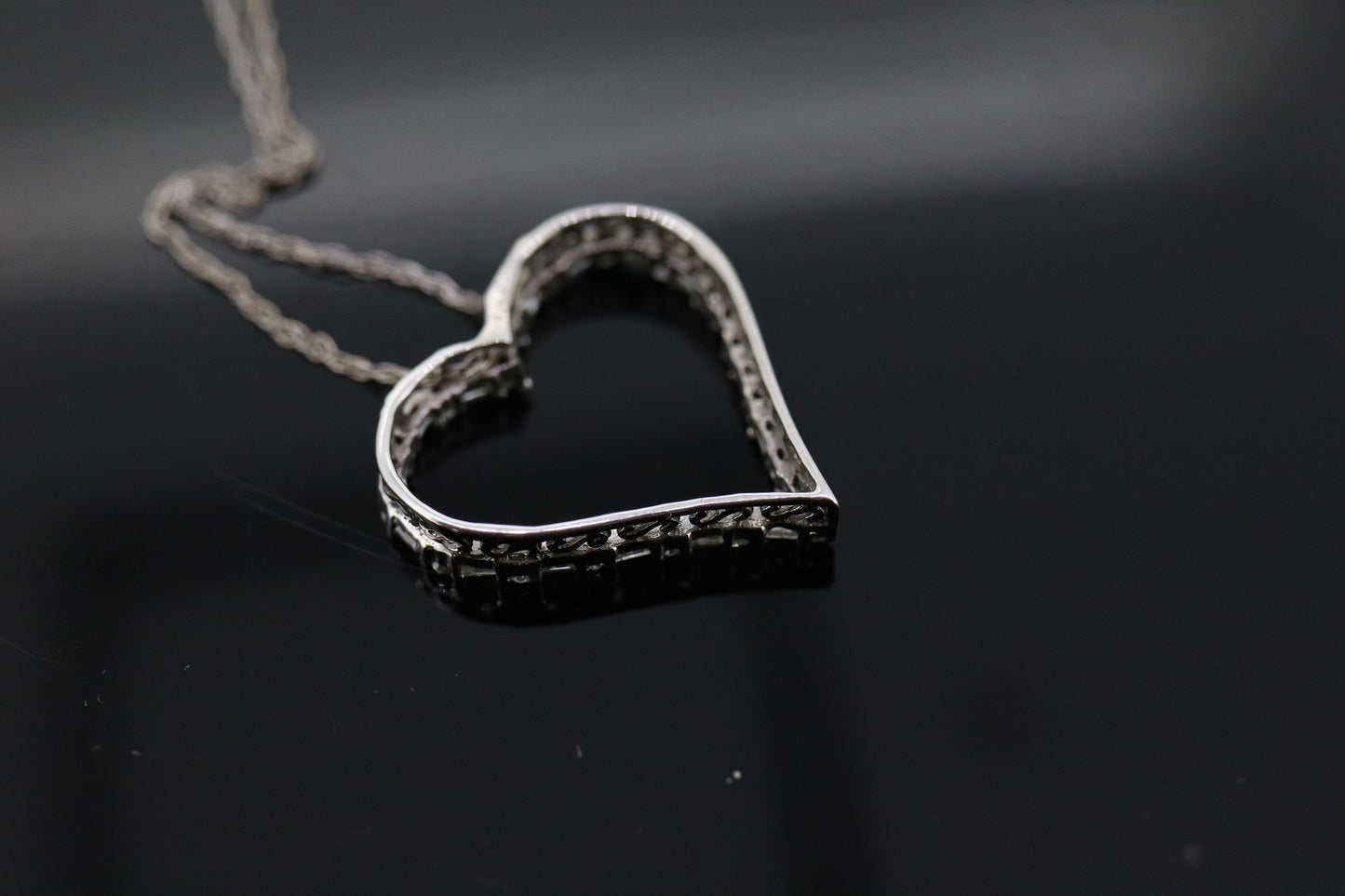 10k Open Heart Diamond Necklace. Open Heart Necklace. Round Baguette Diamond outline. st(68)