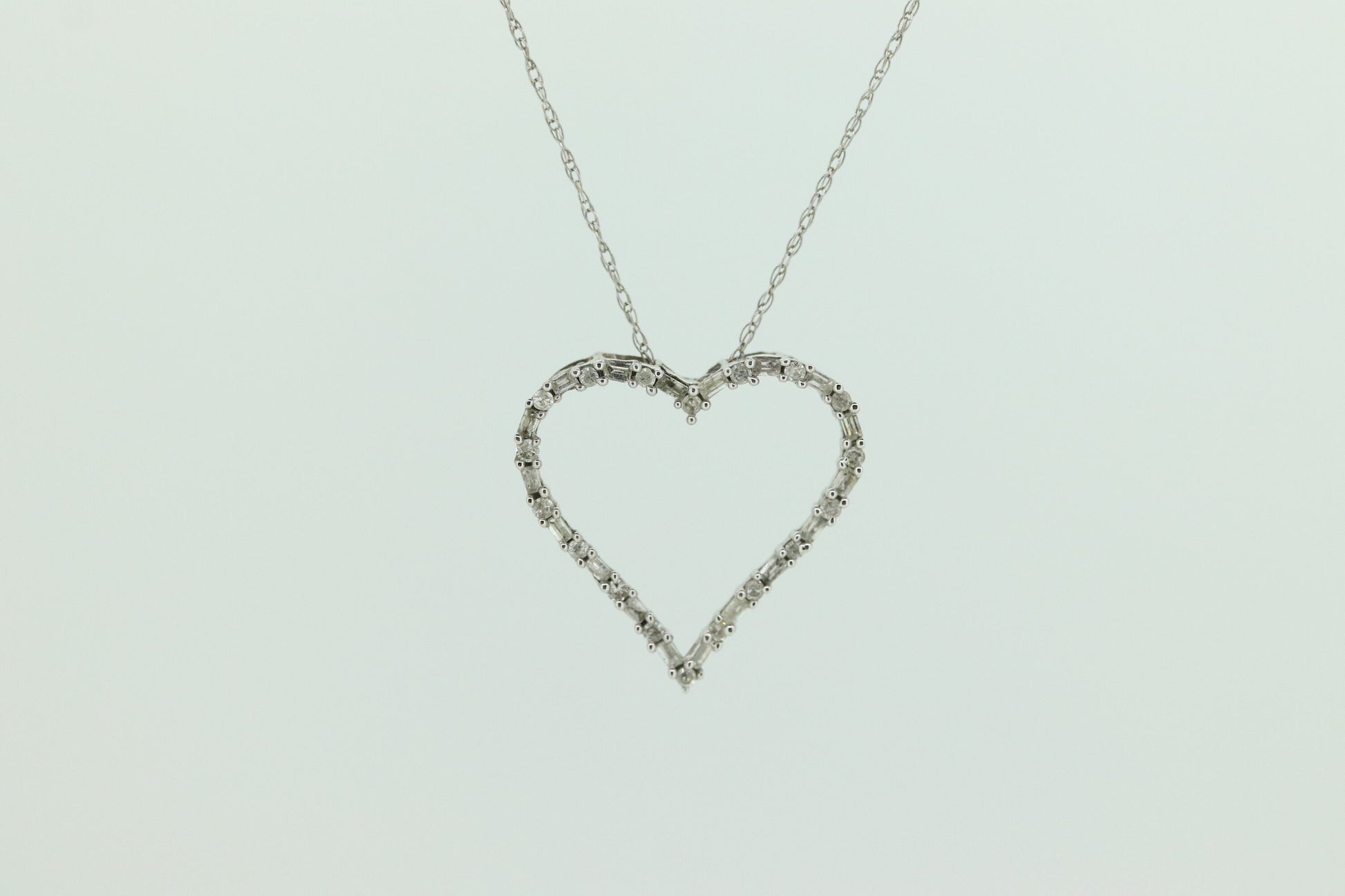 10k Open Heart Diamond Necklace. Open Heart Necklace. Round Baguette Diamond outline. st(68)