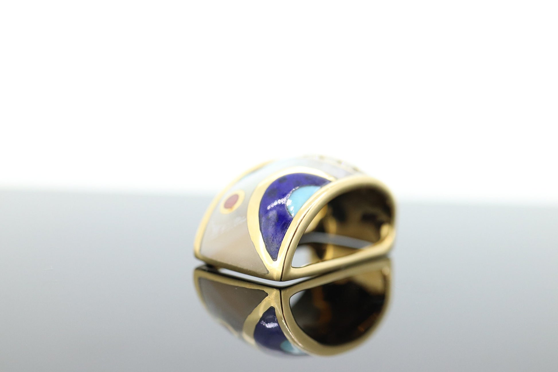 Asch Grossbardt Dome Pendant 14K Yellow Gold Inlaid Gemstone Ring Mother of Pearl Lapis Turquoise DIAMOND Pendant  st(339)