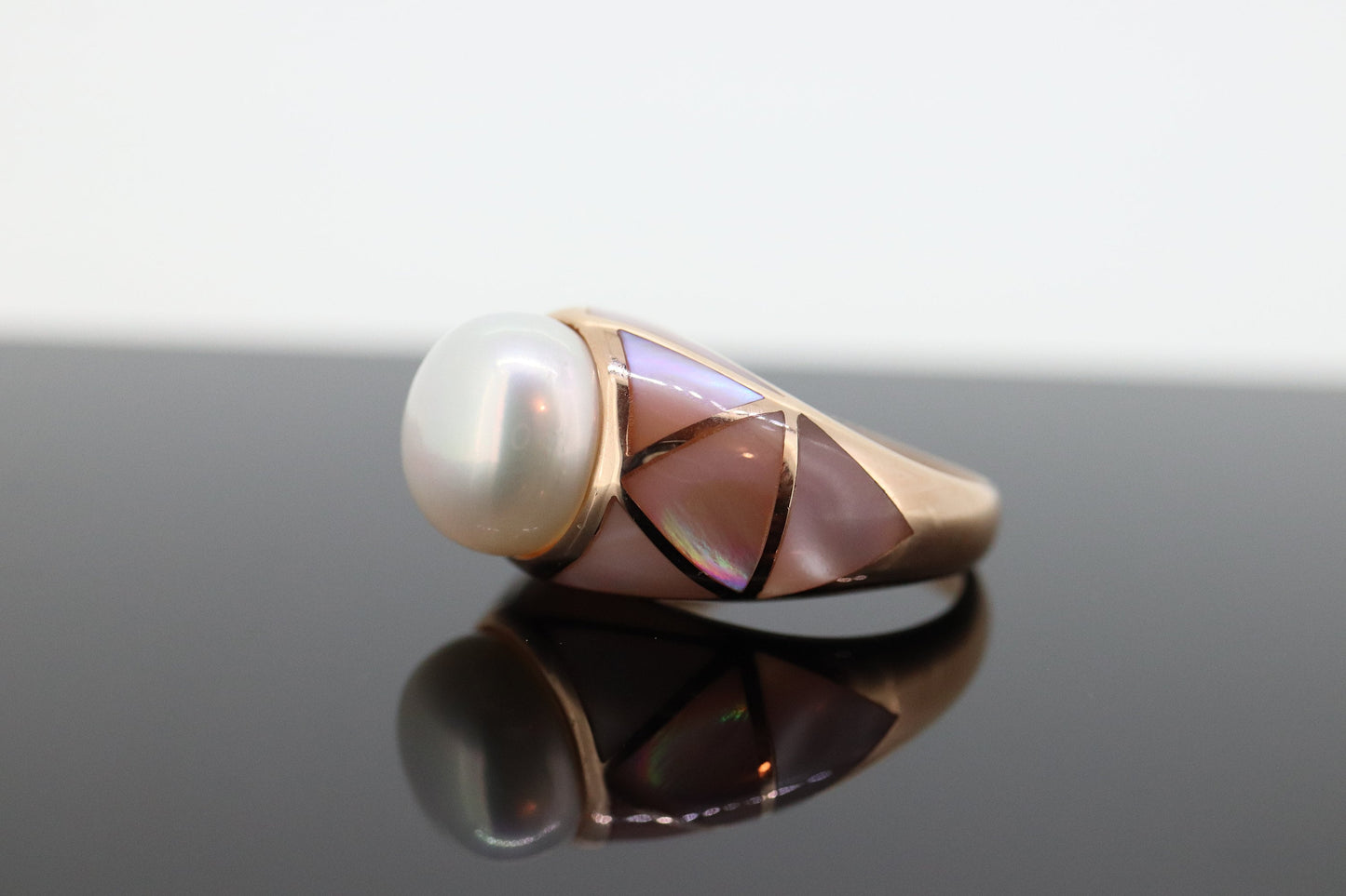 14k Large Mabe and MOP Ring. 14k Rose Gold Mother of Pearl inlay and Pearl Solitaire ring. st(31-1)