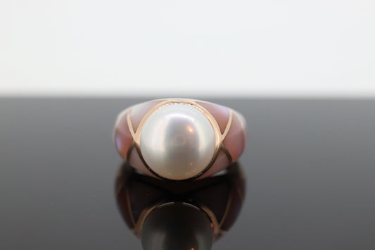 14k Large Mabe and MOP Ring. 14k Rose Gold Mother of Pearl inlay and  Pearl Solitaire ring. st(31-1)