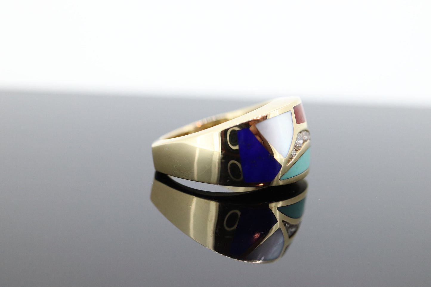 Bagley & Hotchkiss Dome RING 14K Yellow Gold Inlaid Gemstone Ring Mother of Pearl Lapis Turquoise DIAMOND RING st(36-7)
